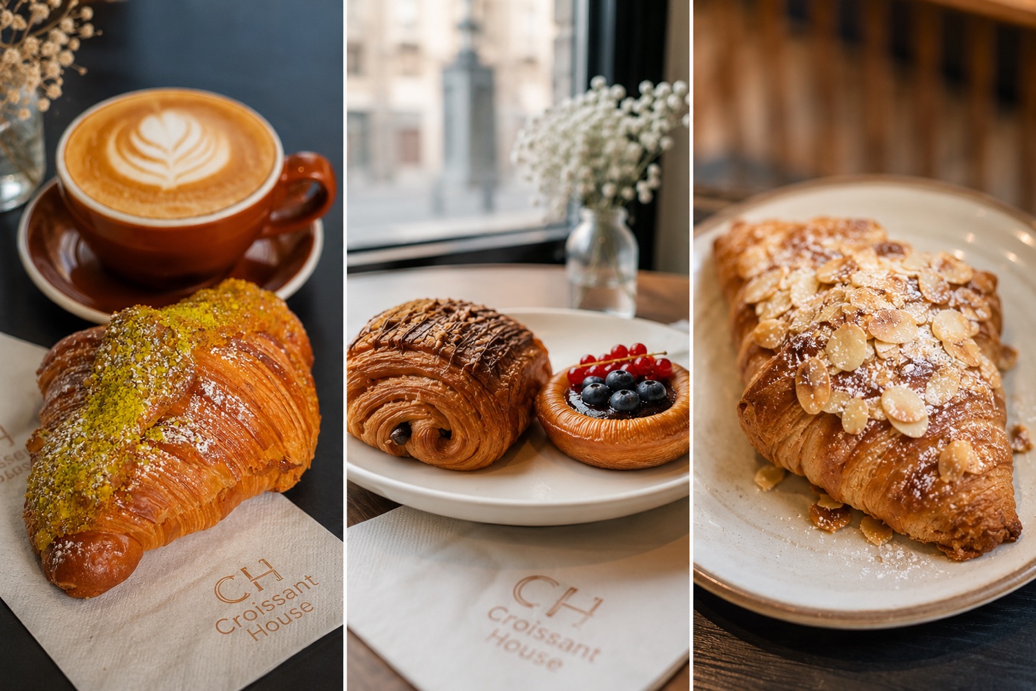 Café Crème und frische Croissants, Pain au Chocolat und Mandelcroissant im Café